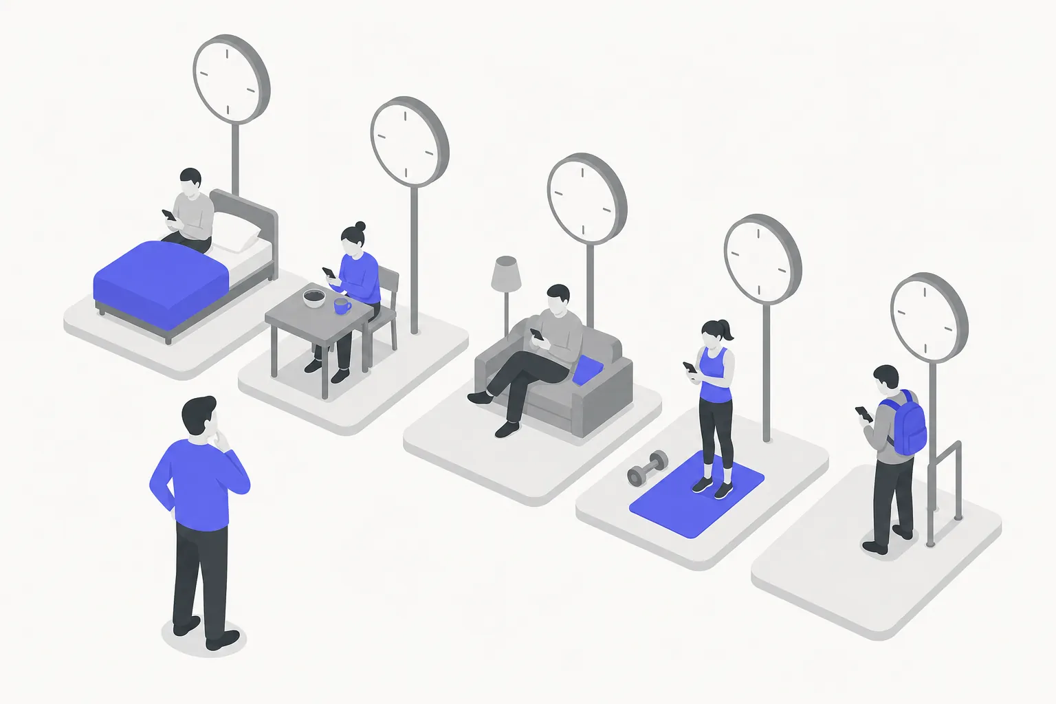 A creator considers several audience members checking phones during different daily routines, beside unmarked clocks.