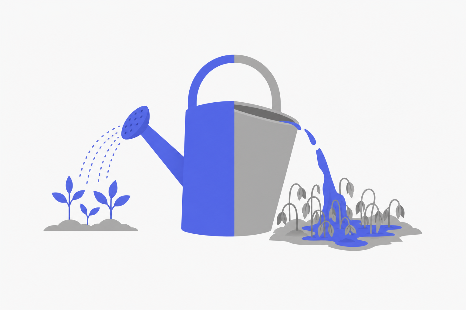 A creator tends a few healthy plants while a crowded patch wilts under spilled water.